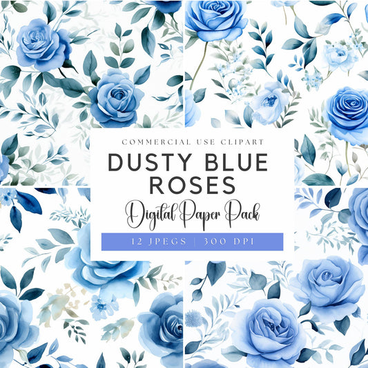 Watercolor Dusty Blue Rose Digital Papers