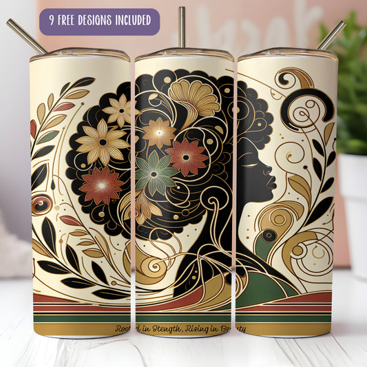 a set of three floral design tumblers sitting on a table
