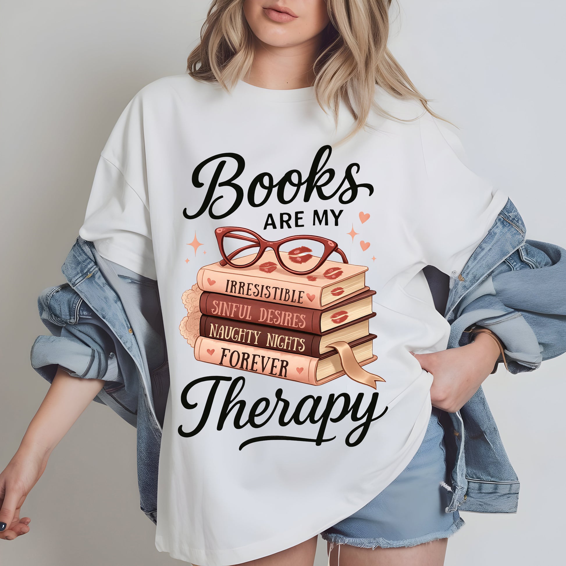 a woman wearing a t - shirt that says books are my therapy