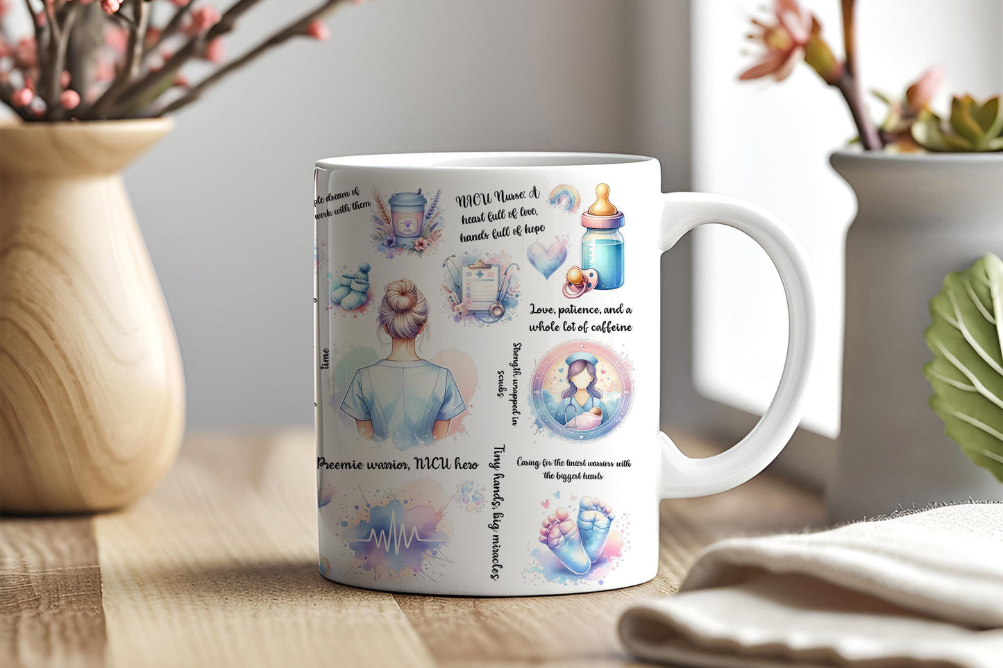 a coffee mug sitting on top of a wooden table