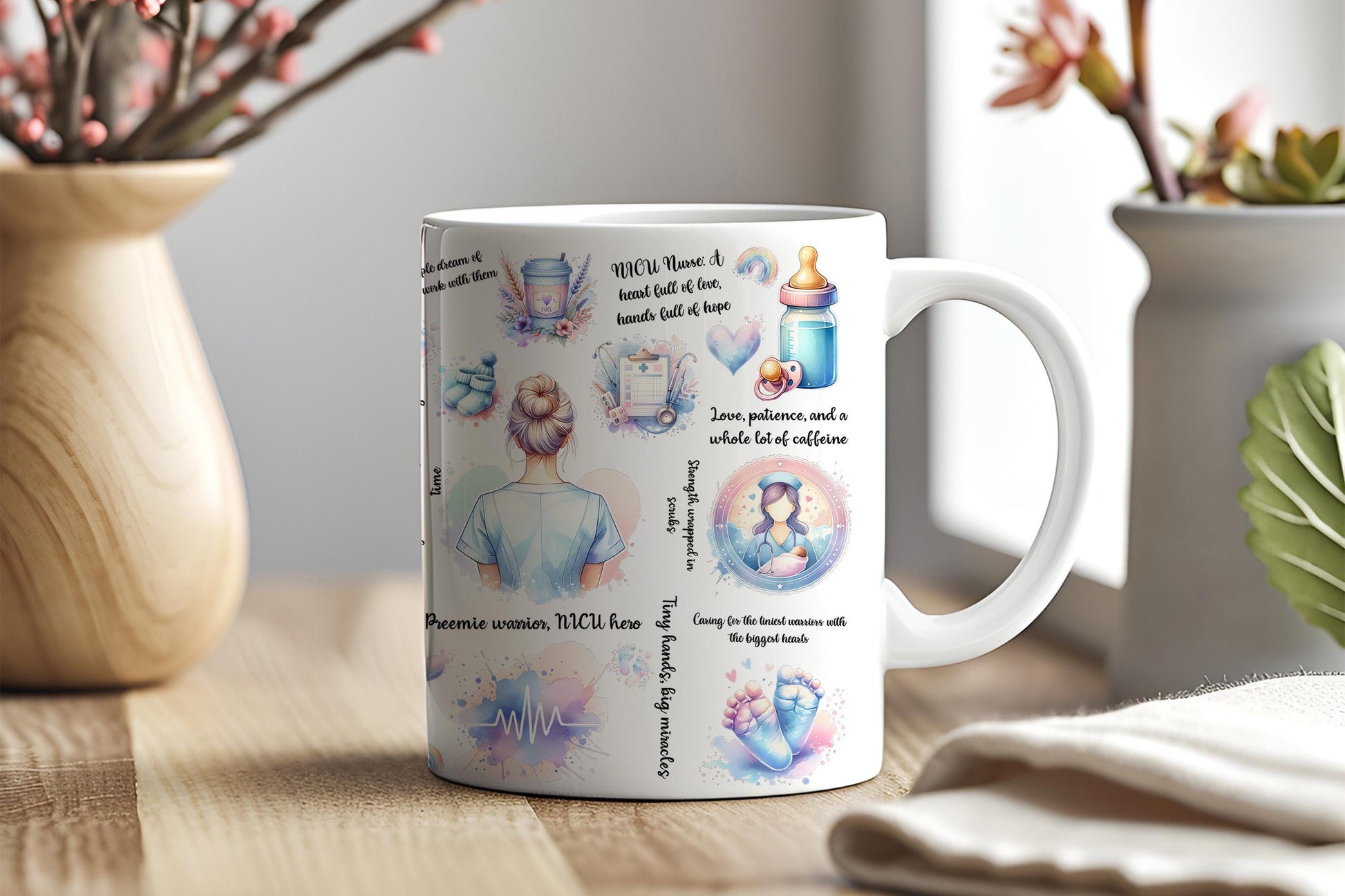 a coffee mug sitting on top of a wooden table