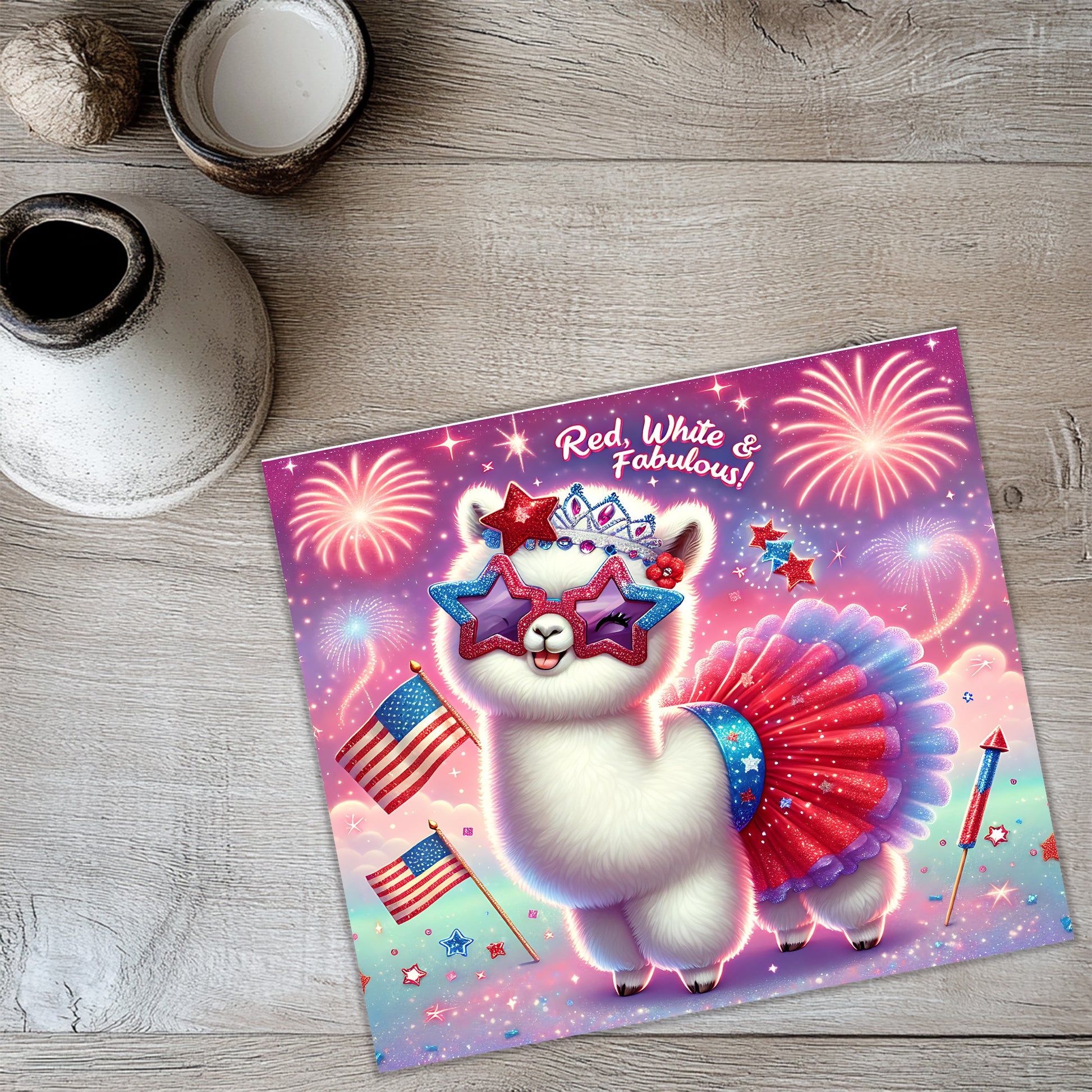 a card with a llama wearing a red, white and blue dress