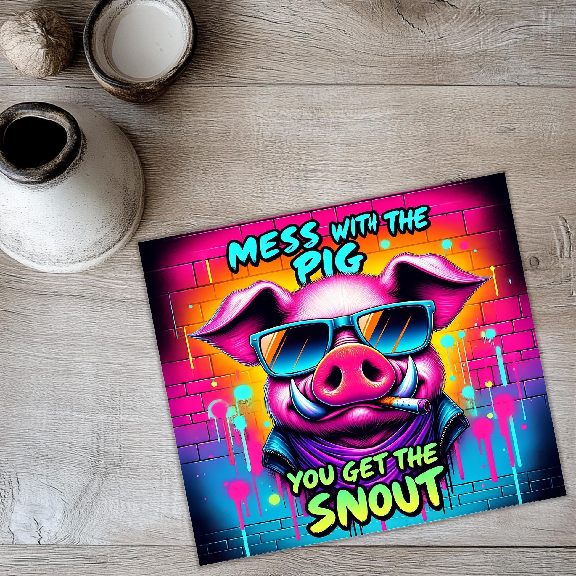 a picture of a pig wearing sunglasses on a table