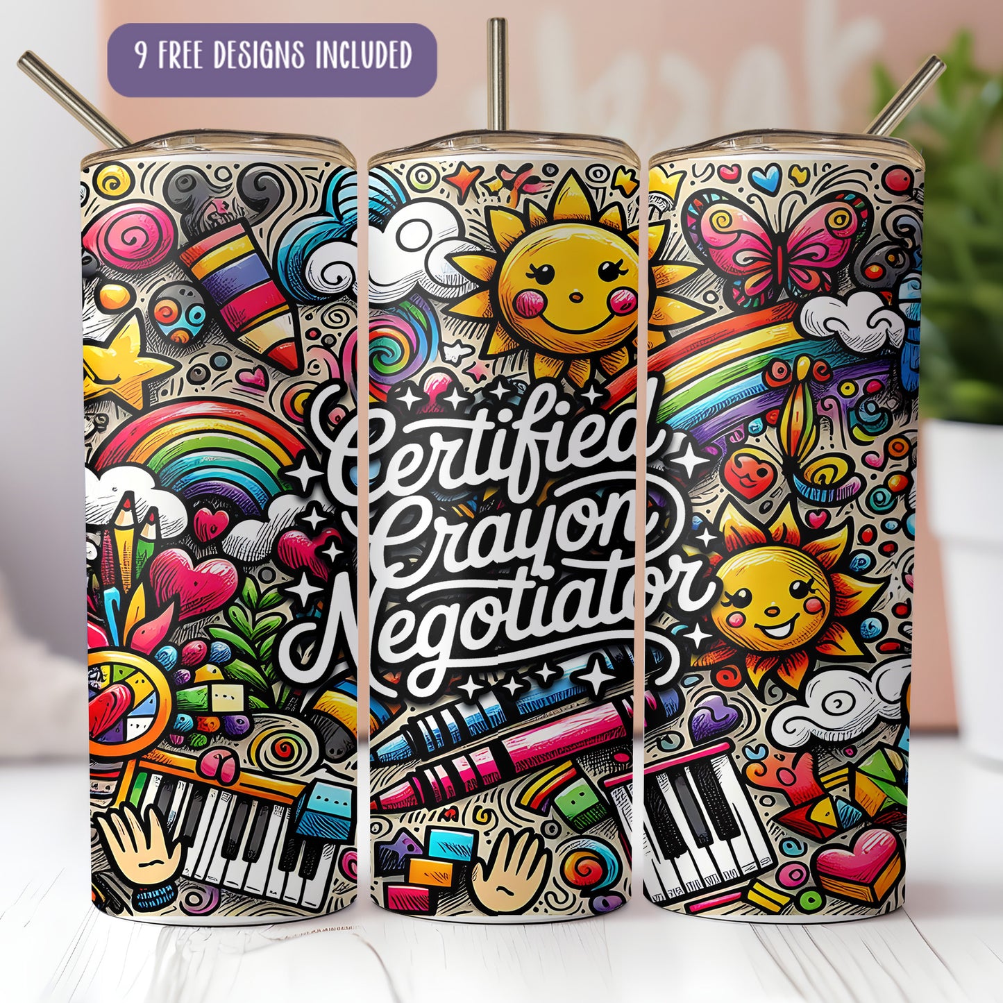 A colorful and whimsical design on a tumbler or cup, featuring various elements such as a sun, flowers, clouds, and musical instruments. The text "Certified Crayon Negotiator" is prominently displayed, suggesting a creative or artistic theme.