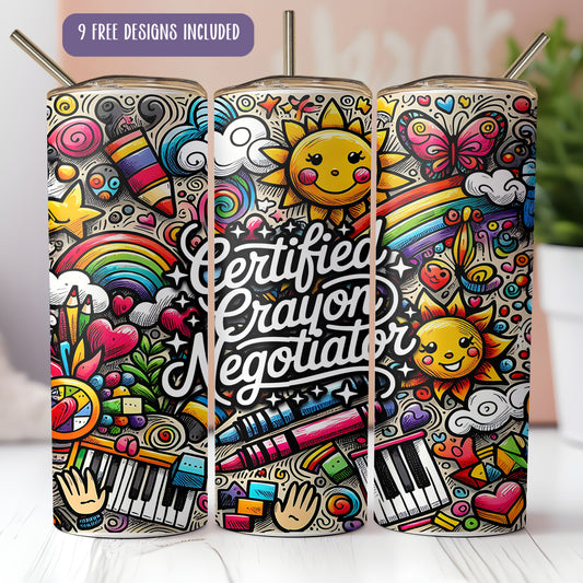 A colorful and whimsical design on a tumbler or cup, featuring various elements such as a sun, flowers, clouds, and musical instruments. The text "Certified Crayon Negotiator" is prominently displayed, suggesting a creative or artistic theme.