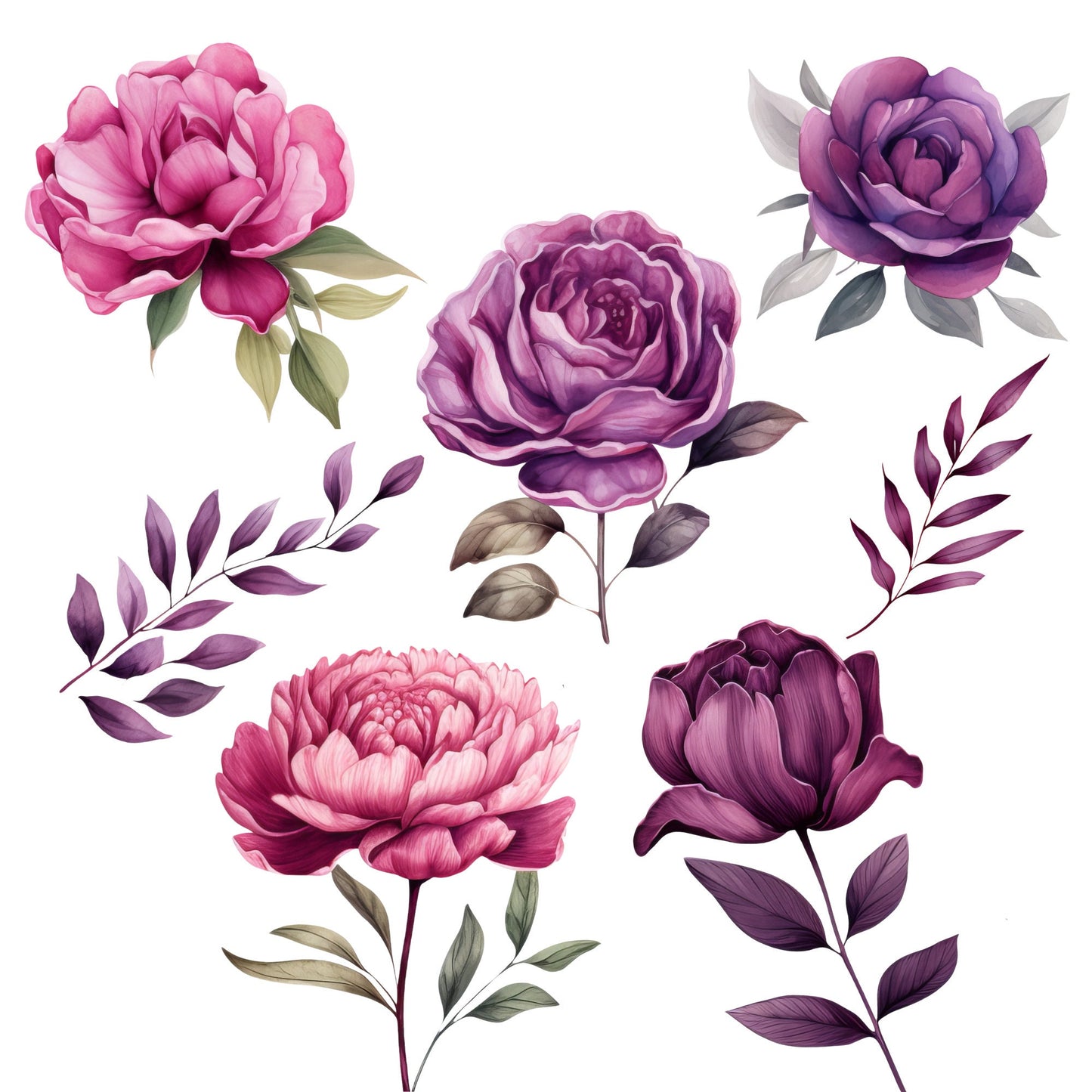 Watercolor Dark Pink and Purple Floral Clipart