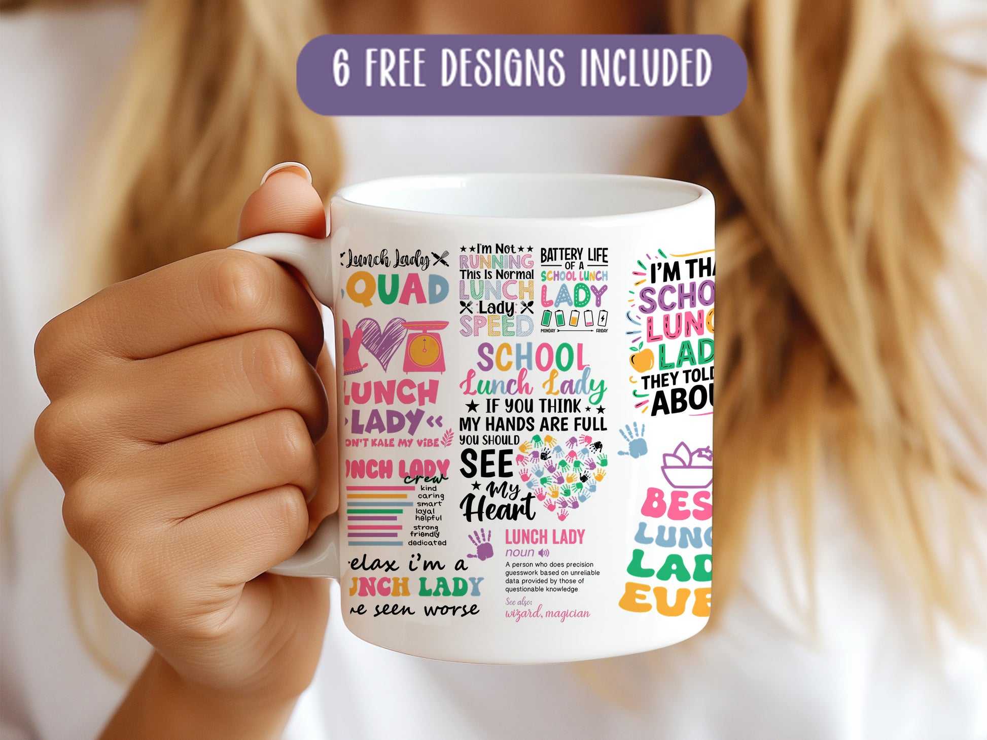 a woman holding a coffee mug with a lot of words on it