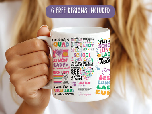 a woman holding a coffee mug with a lot of words on it