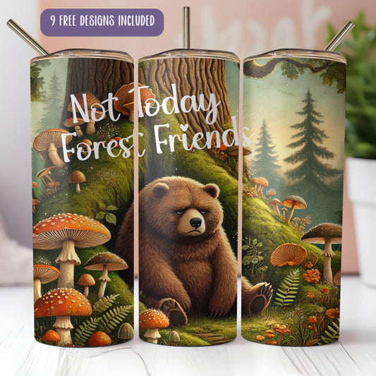 three travel mugs with a bear and mushrooms on them