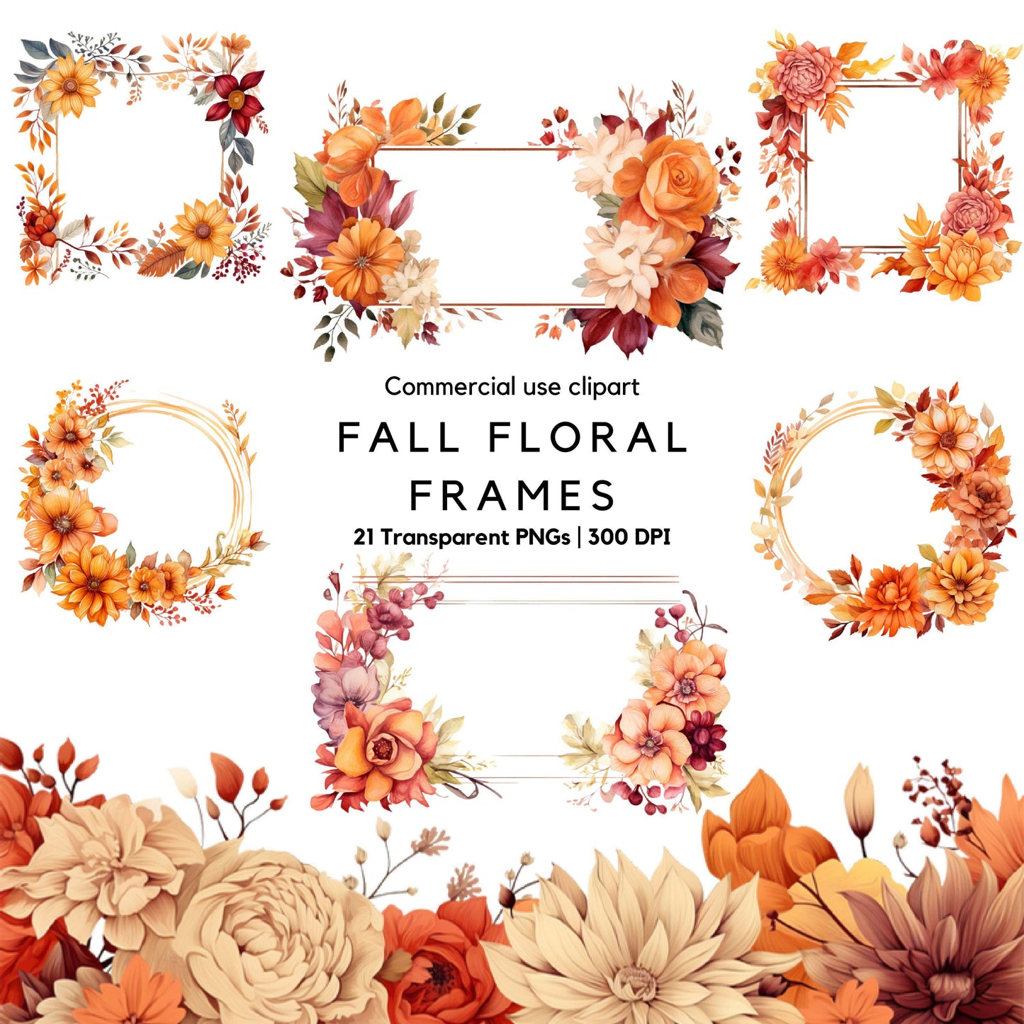 Clipart de marco floral de otoño en acuarela