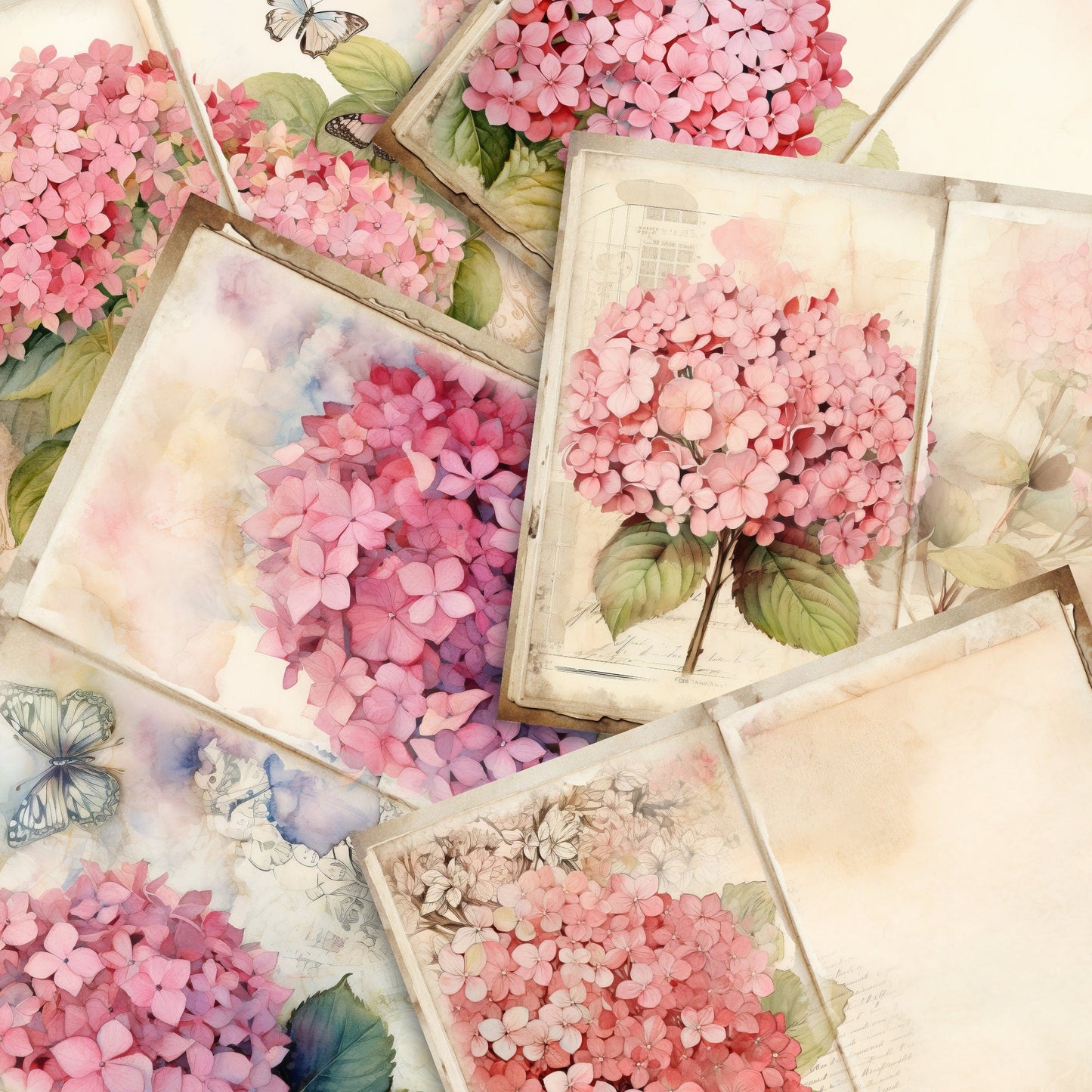 Pink Hydrangea Floral Junk Journal Pages