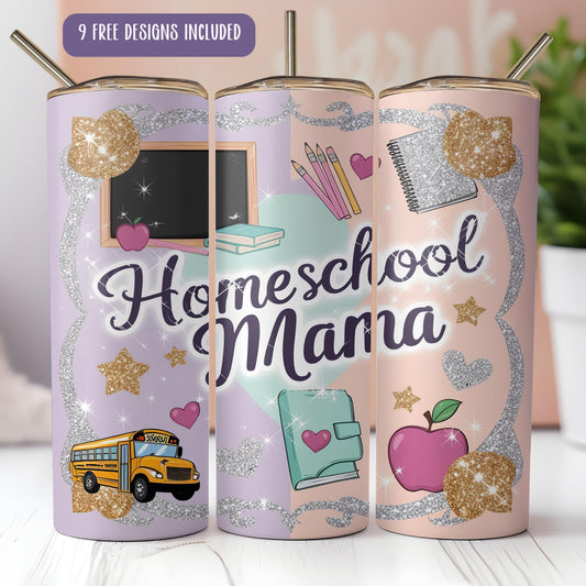 a pink can with a school bus and school supplies on it