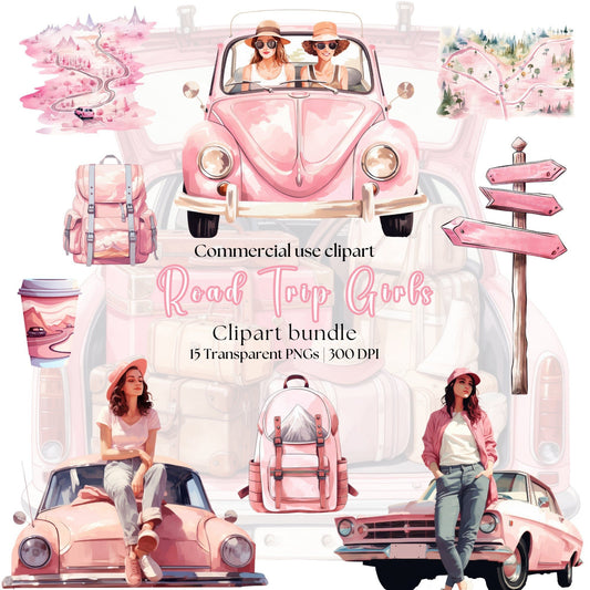 Watercolor Pink Road trip girl clipart