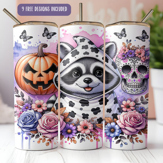 a set of three tumbles with a raccoon and a skull on them