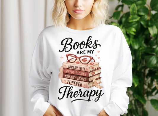 a woman wearing a sweatshirt that says books are my therapy therapy therapy therapy therapy therapy