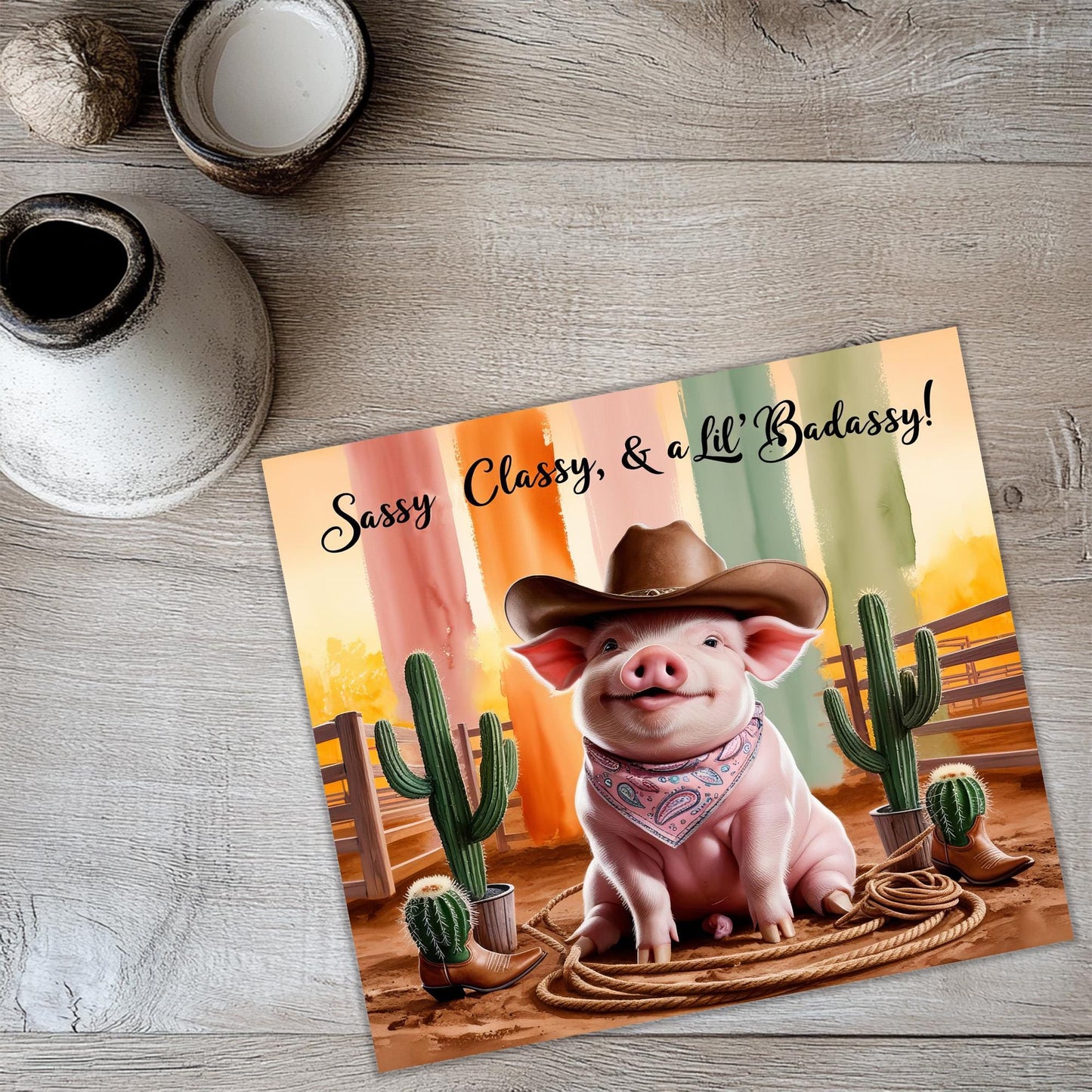 a card with a picture of a pig wearing a cowboy hat