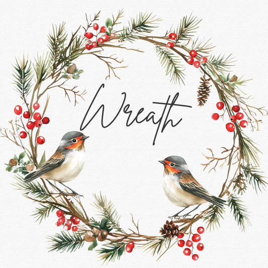 Winter Wreath with Birds Clipart Single