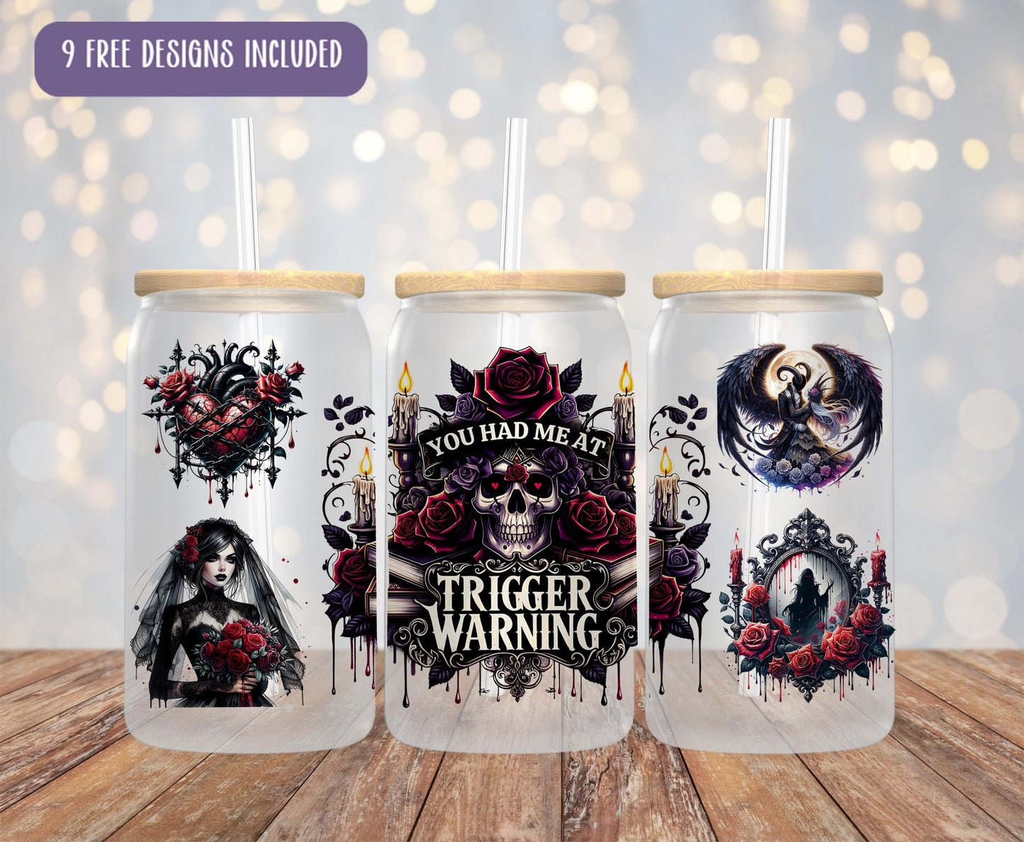 three tumblers with designs on them sitting on a table