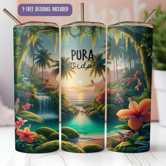 a set of three travel mugs with a painting of a tropical scene