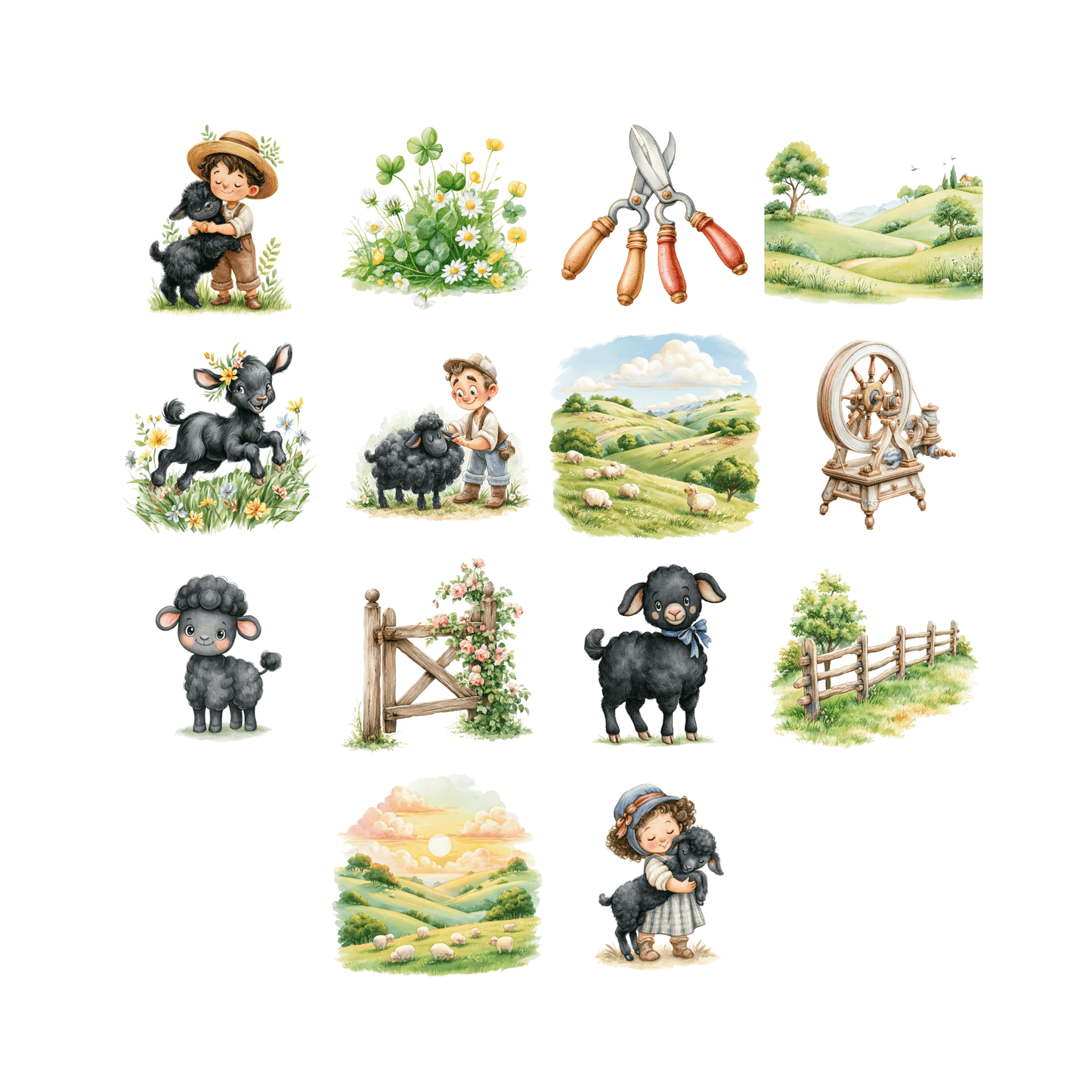 Baa Baa Black Sheep Nursery Rhyme Clipart Bundle | Watercolor Storybook PNGs