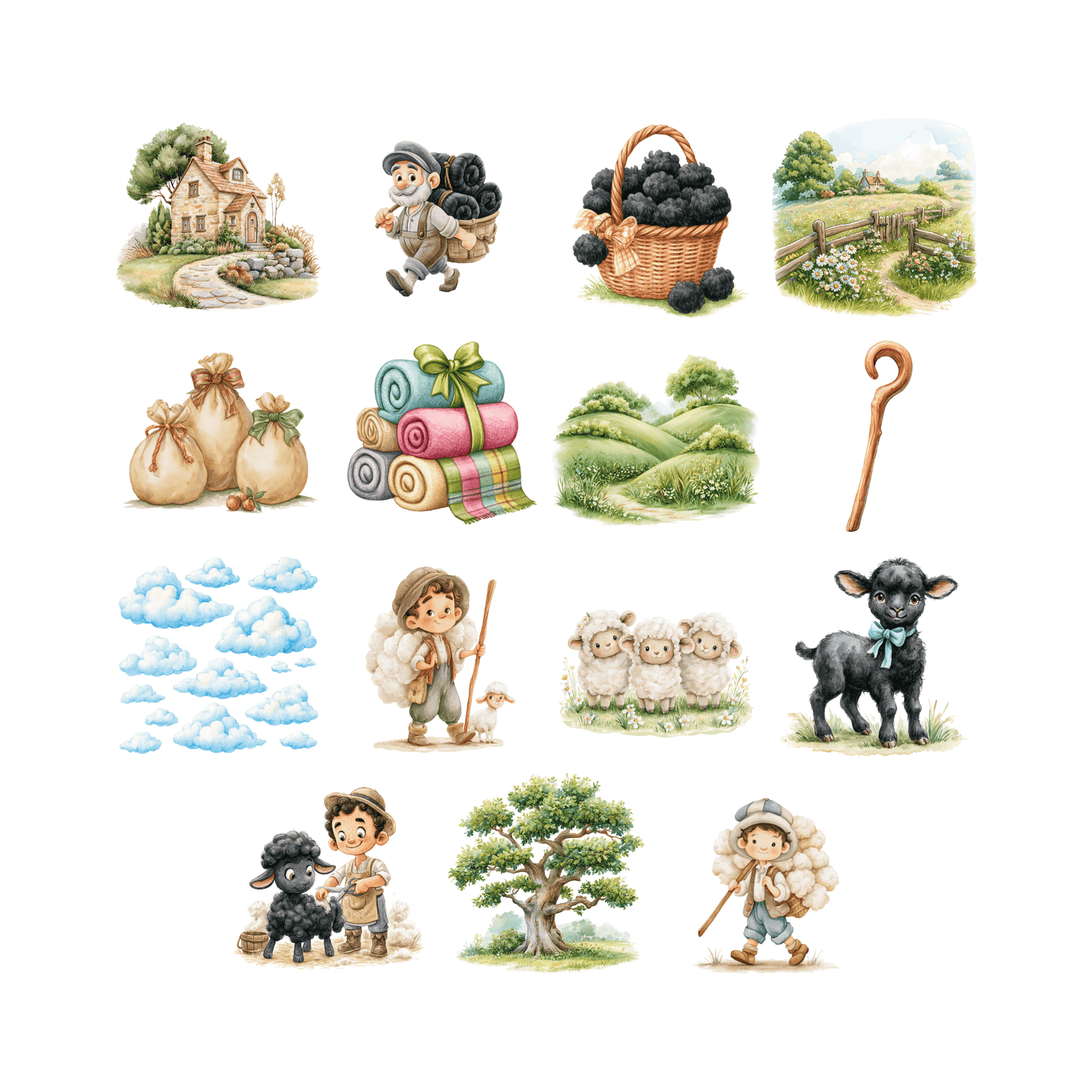 Baa Baa Black Sheep Nursery Rhyme Clipart Bundle | Watercolor Storybook PNGs