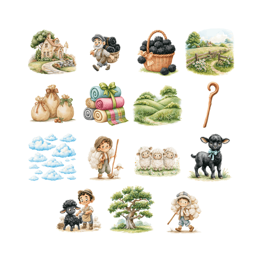 Baa Baa Black Sheep Nursery Rhyme Clipart Bundle | Watercolor Storybook PNGs