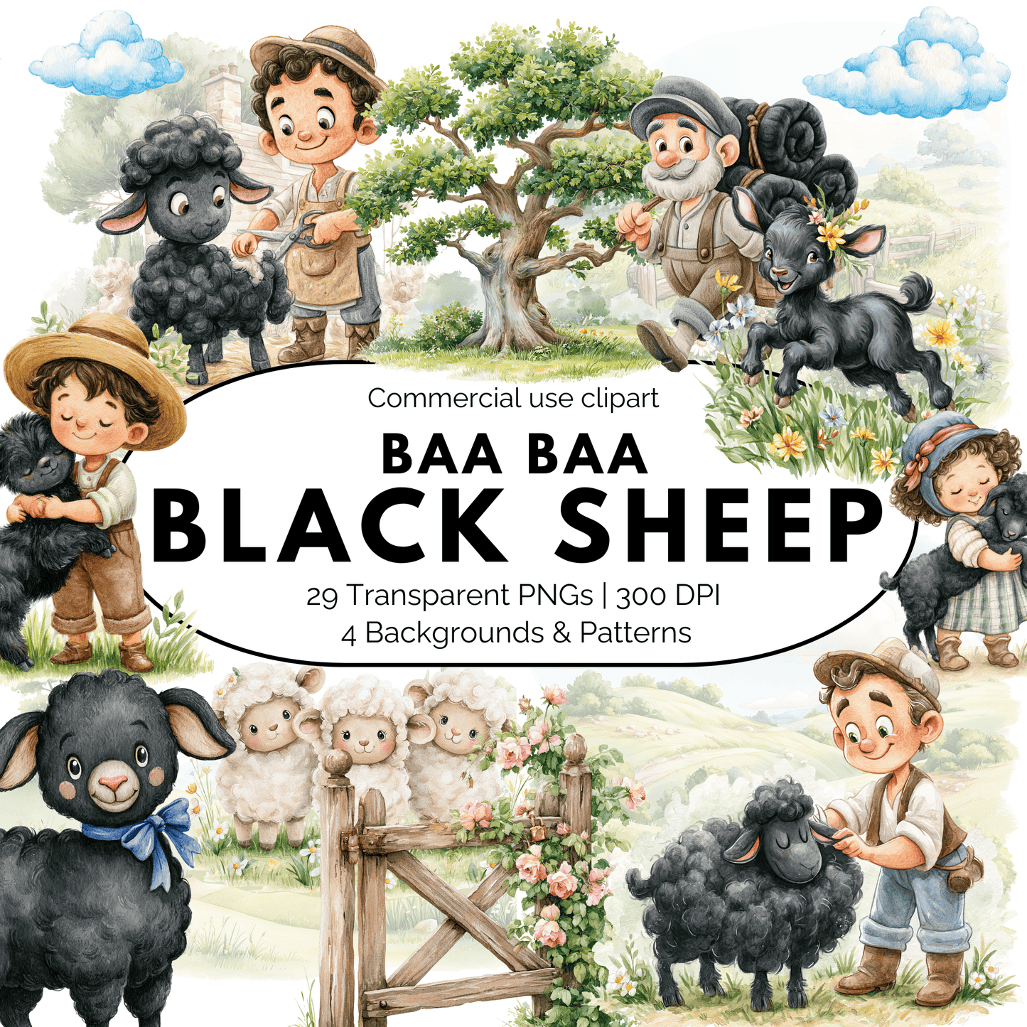 Baa Baa Black Sheep Nursery Rhyme Clipart Bundle | Watercolor Storybook PNGs