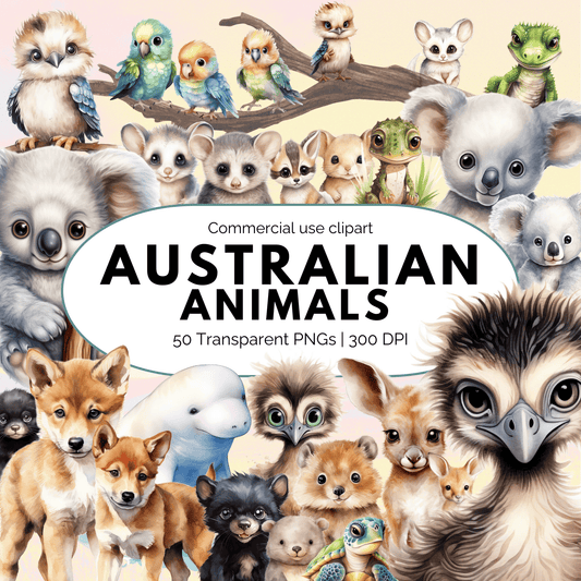 Collection of Australian animals with a label indicating commercial use clipart.