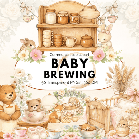 Illustration of a baby-themed scene with teddy bears, shelves, and flowers, labeled 'Baby Brewing'.