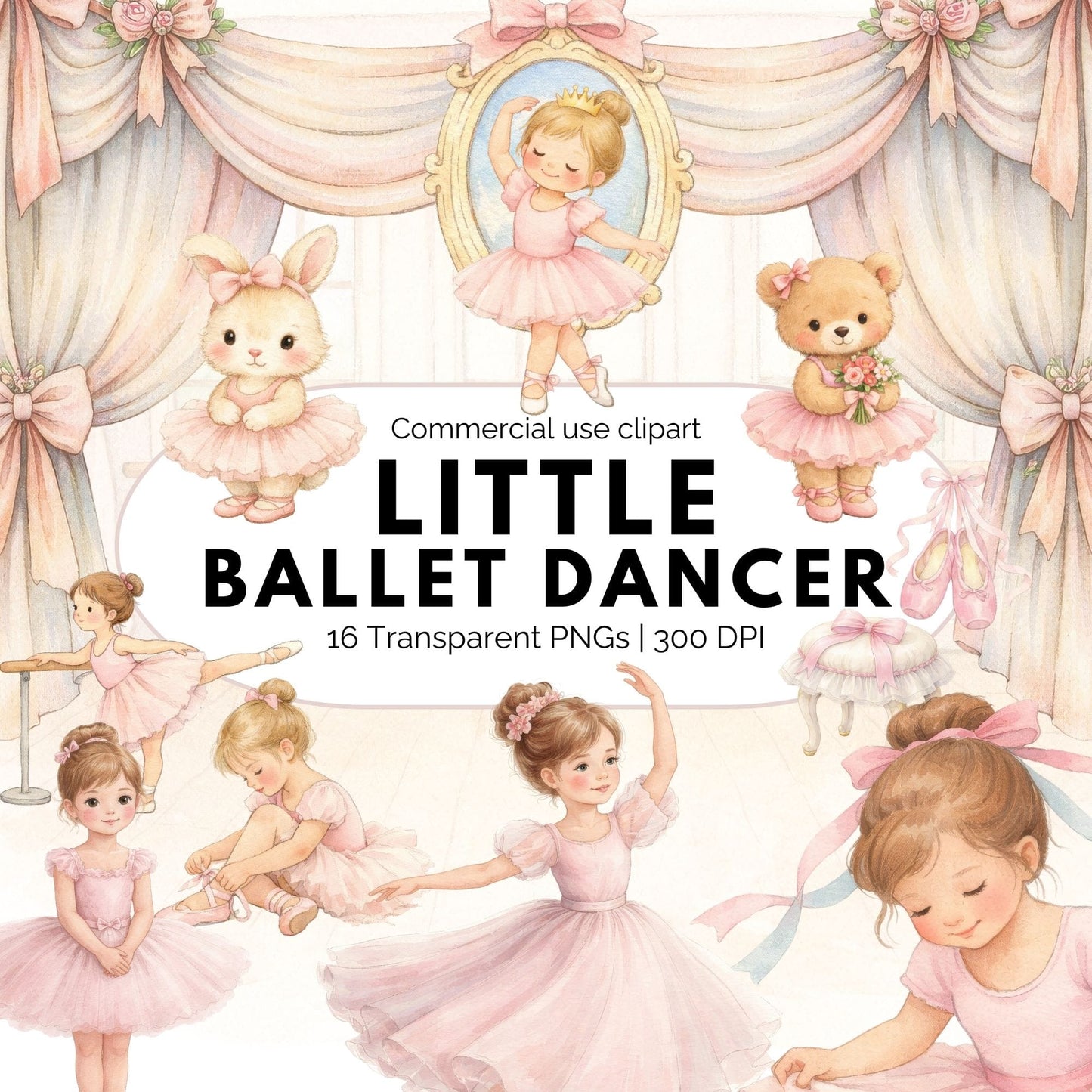 Ballet Dancer Clipart Bundle, Watercolor Ballerina PNG for Girls Printables, Invitations & Sublimation