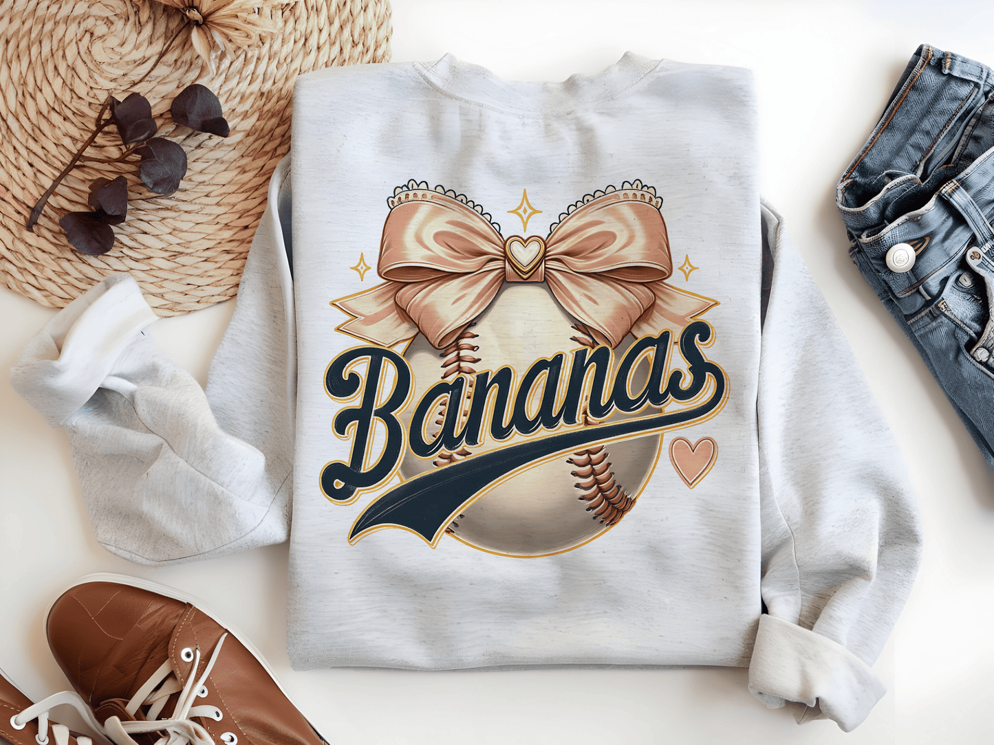 Bananas Baseball Coquette Bow PNG – Funny Mascot Sublimation Design