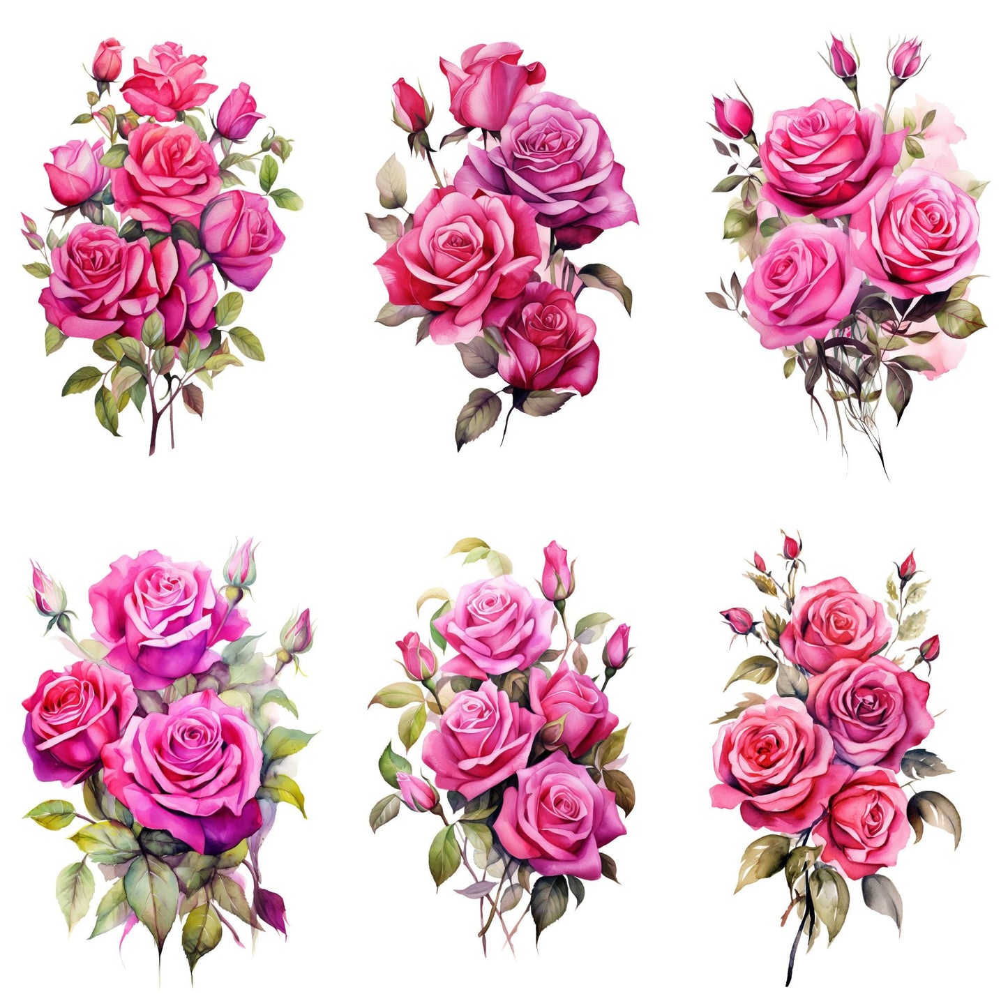 Clipart floral de rosa fucsia en acuarela
