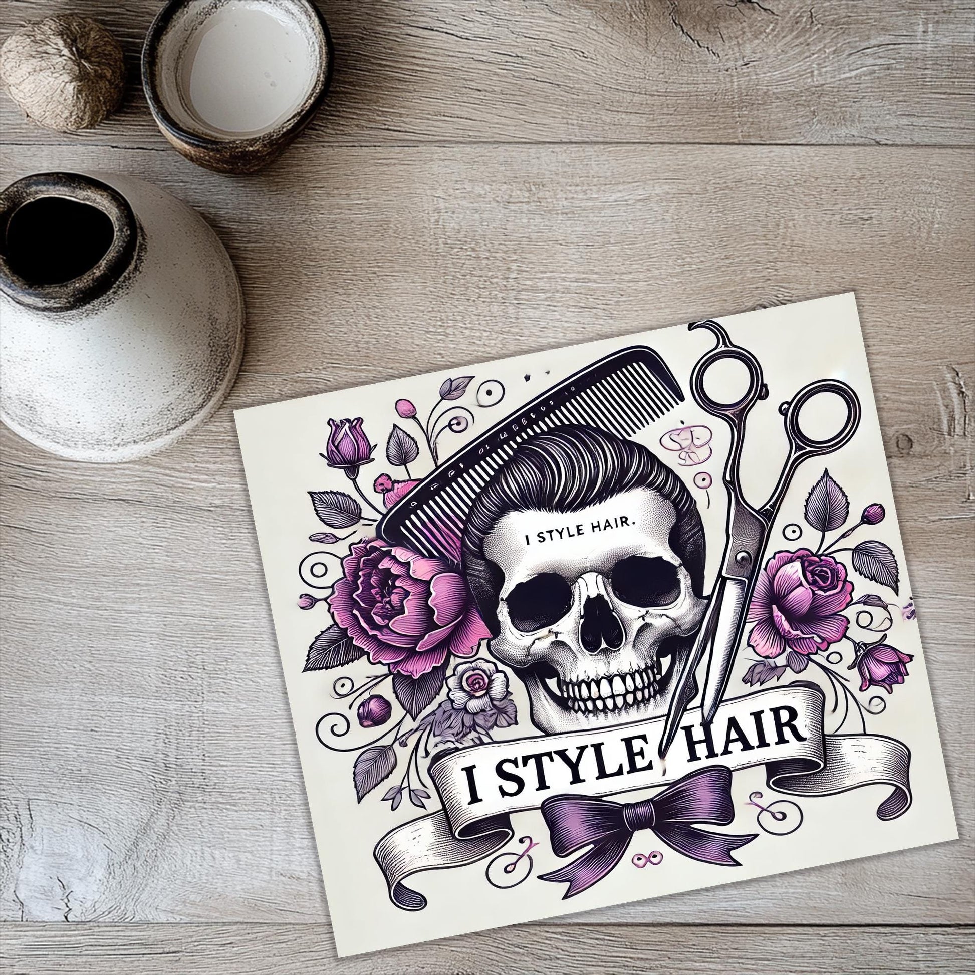 a picture of a skull with scissors and a bow