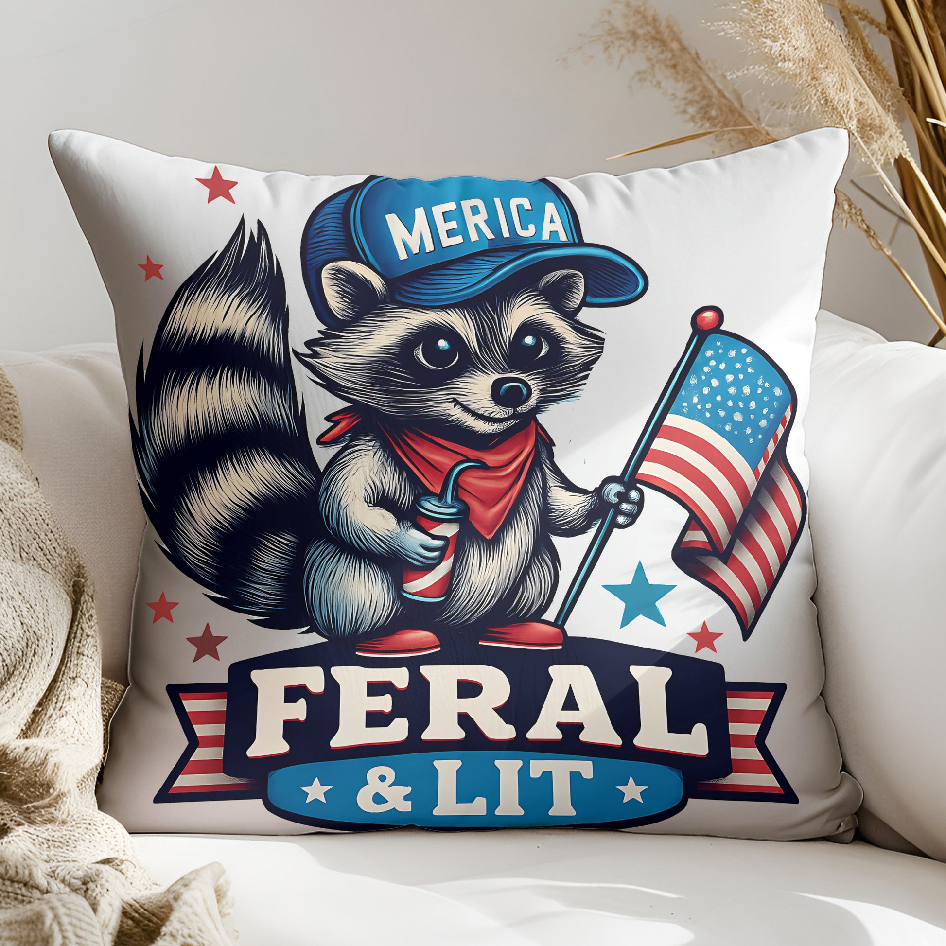 a pillow with a raccoon holding a flag