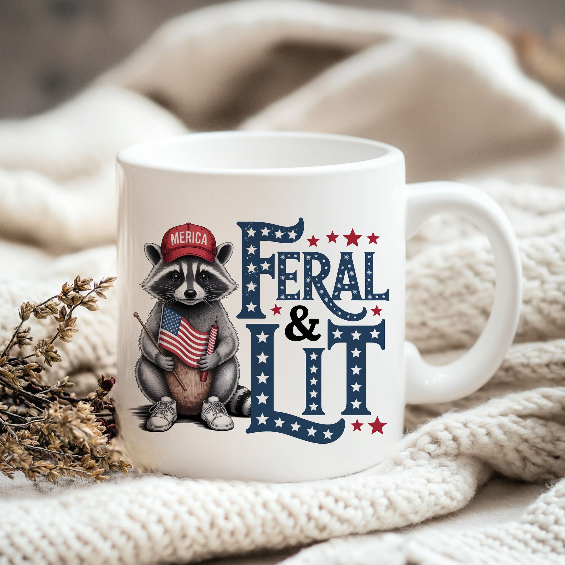 a coffee mug with a raccoon on it