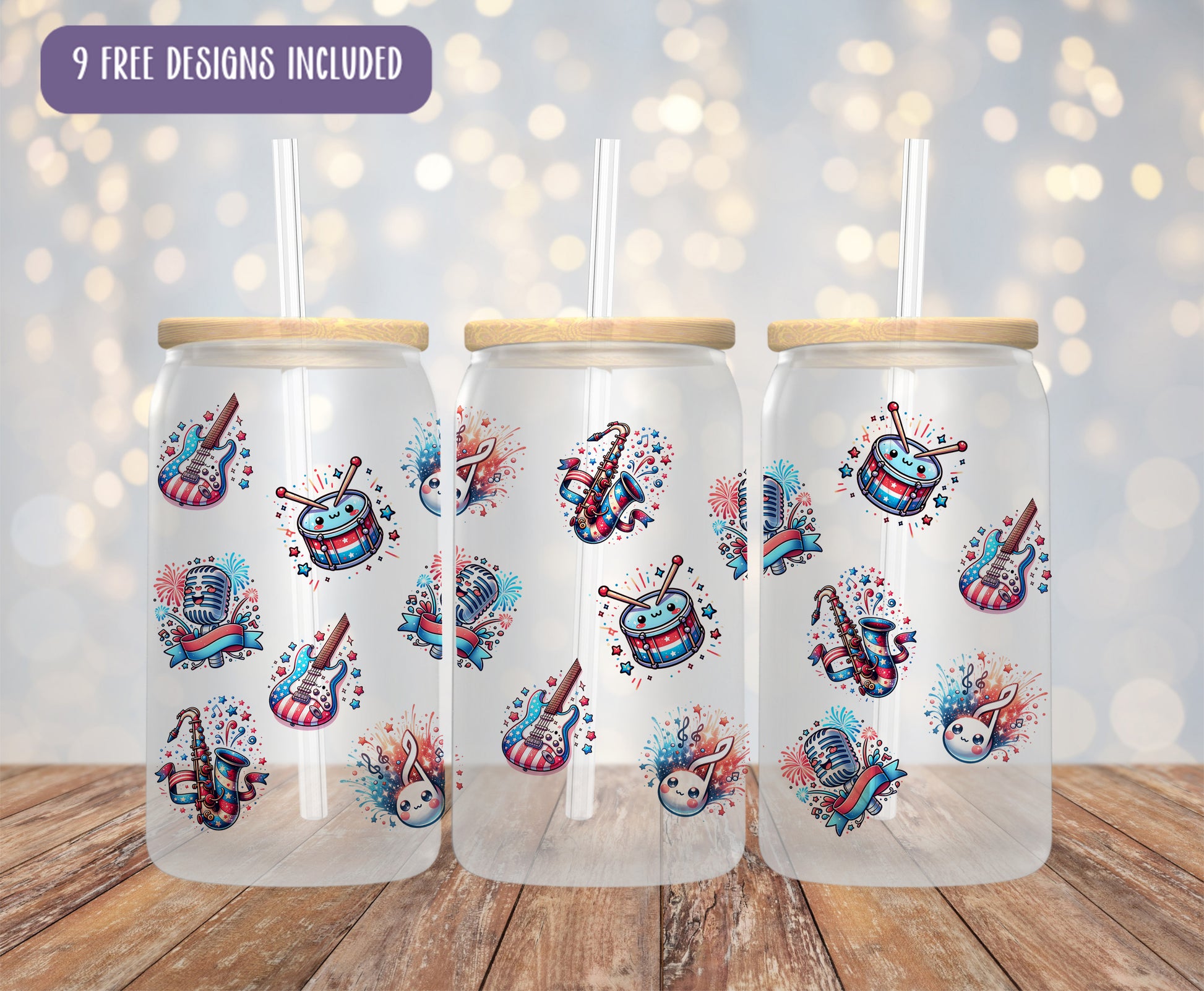 a set of three glass tumblers with designs on them