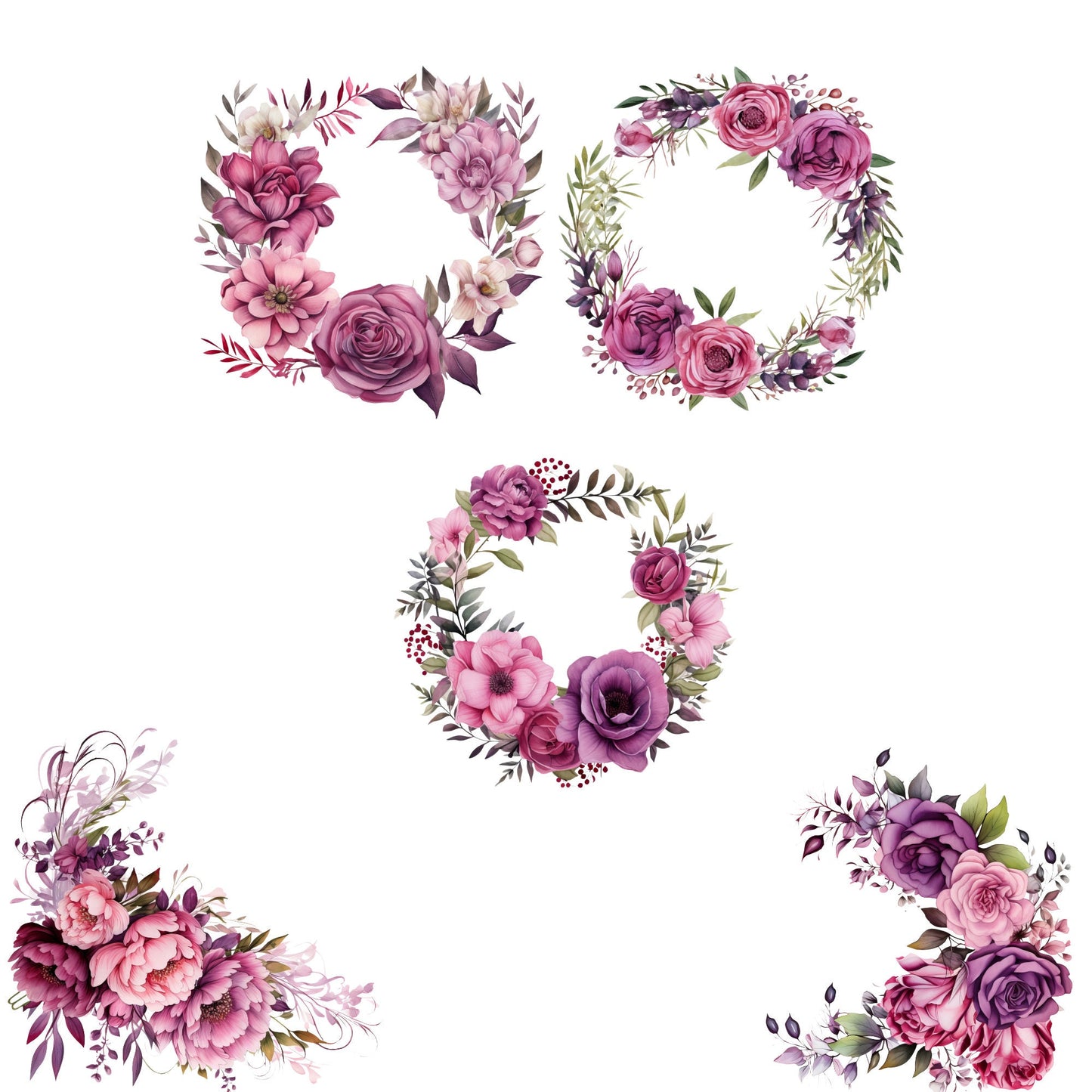 Watercolor Dark Pink and Purple Floral Clipart