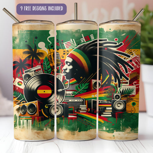 a set of three tumbles with a painting on them
