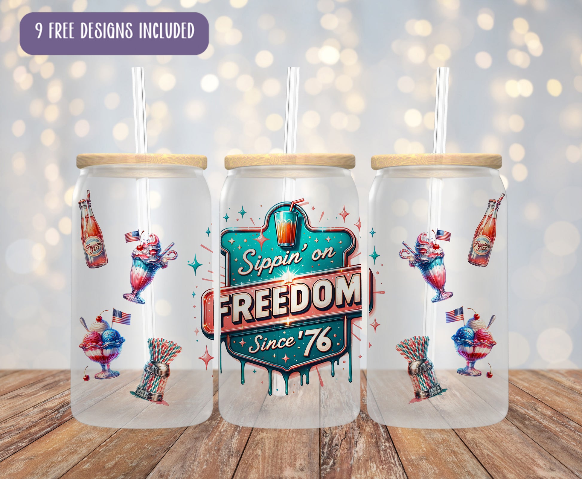 three plastic cups with straws on top of a wooden table