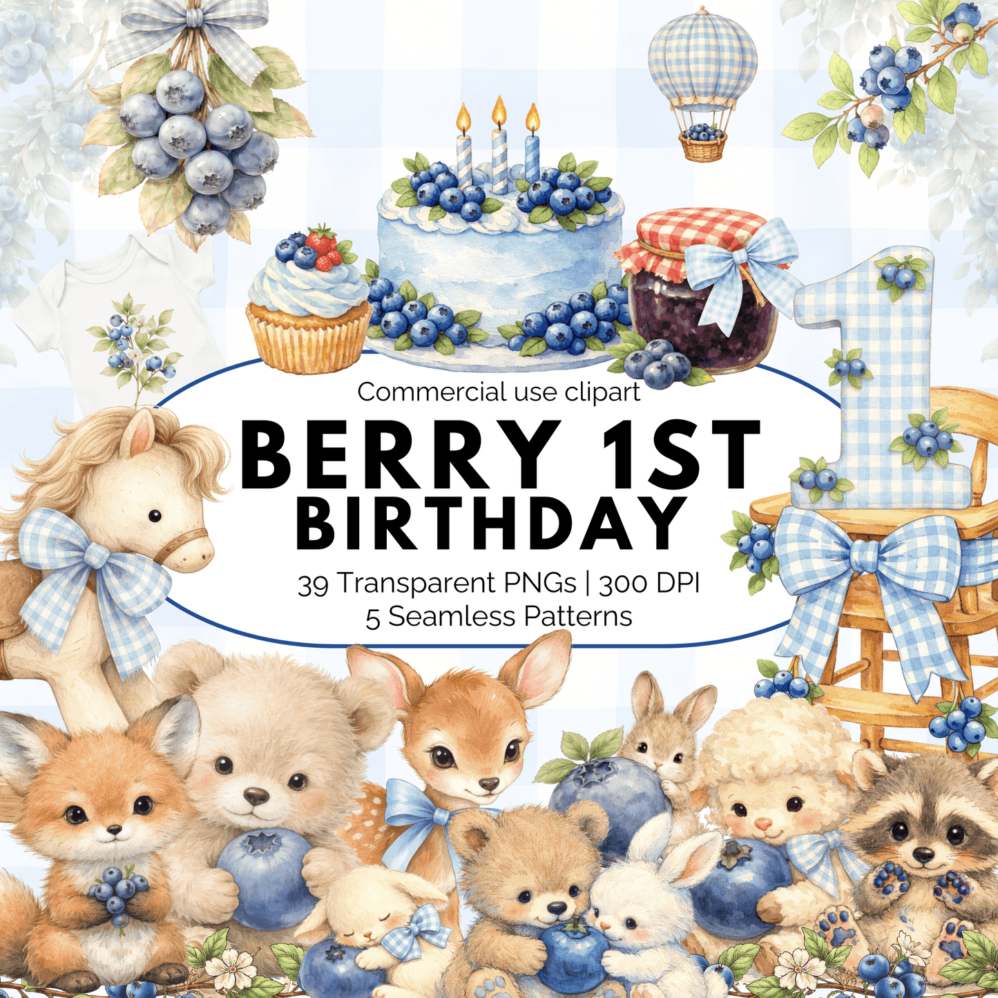 Berry First Birthday Clipart Bundle – Blueberry Theme PNG