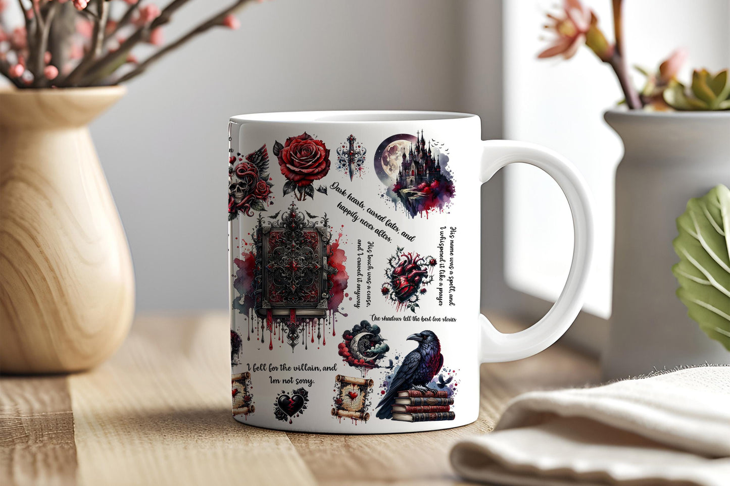 a coffee mug with a variety of tattoos on it