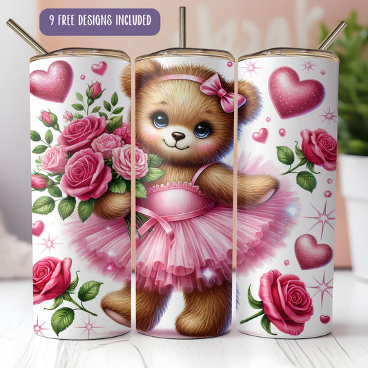 a picture of a teddy bear in a pink dress