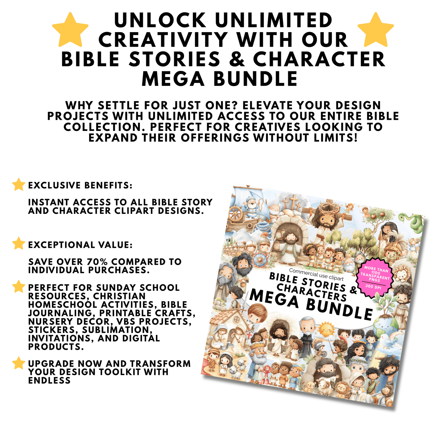 Bible Stories & Characters Mega Bundle | 1100+ Christian Clipart PNGs Commercial Use