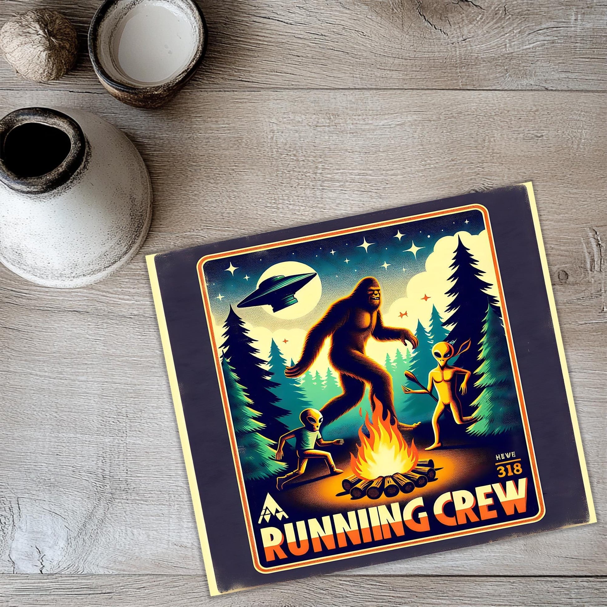 a picture of a poster of a bigfoot on a table