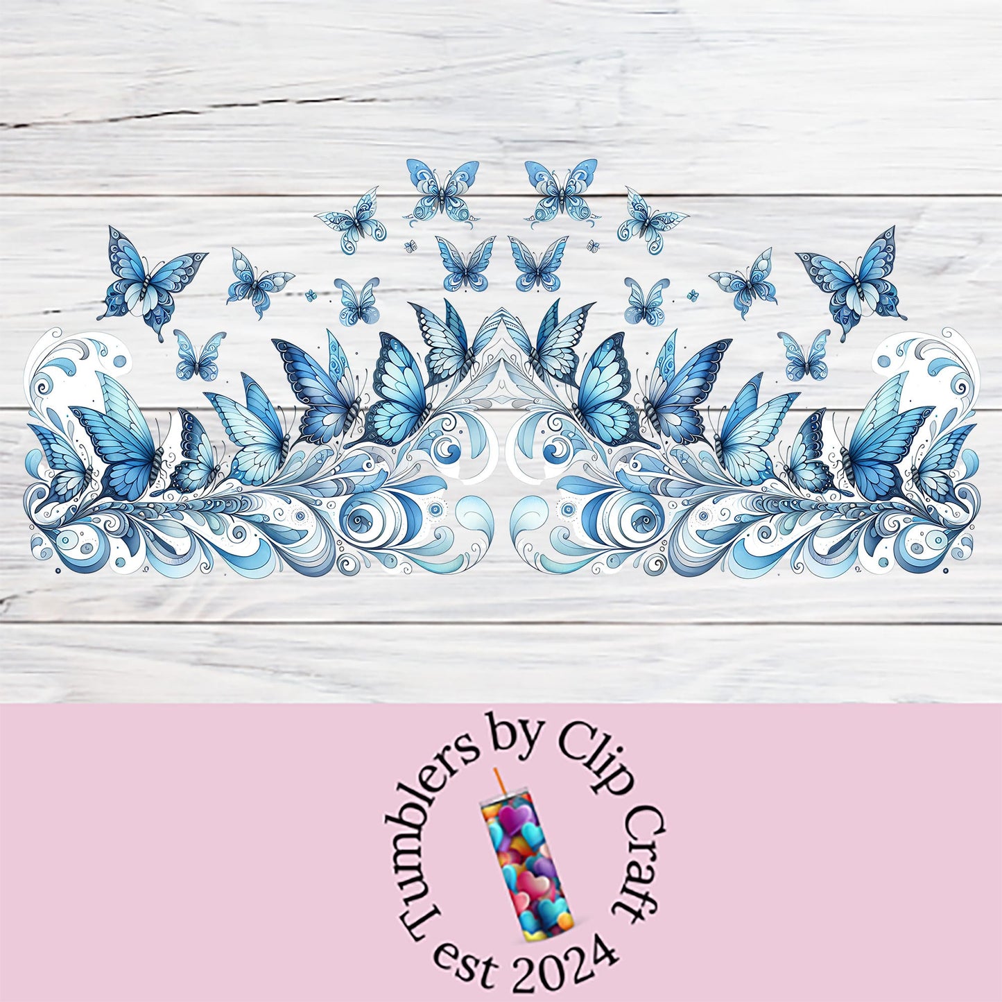 a white wooden wall with blue butterflies on it