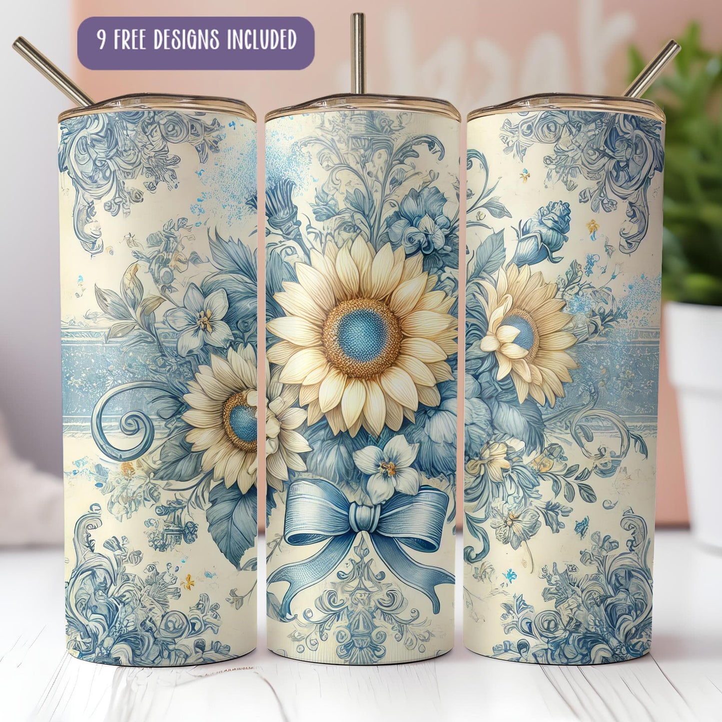 a set of three blue and white vases with sunflowers on them