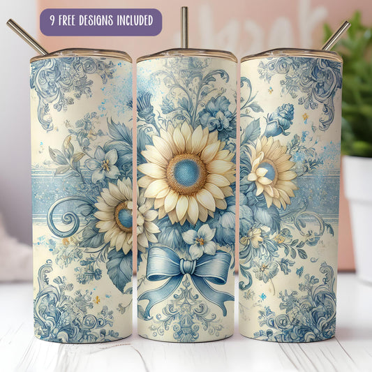 a set of three blue and white vases with sunflowers on them