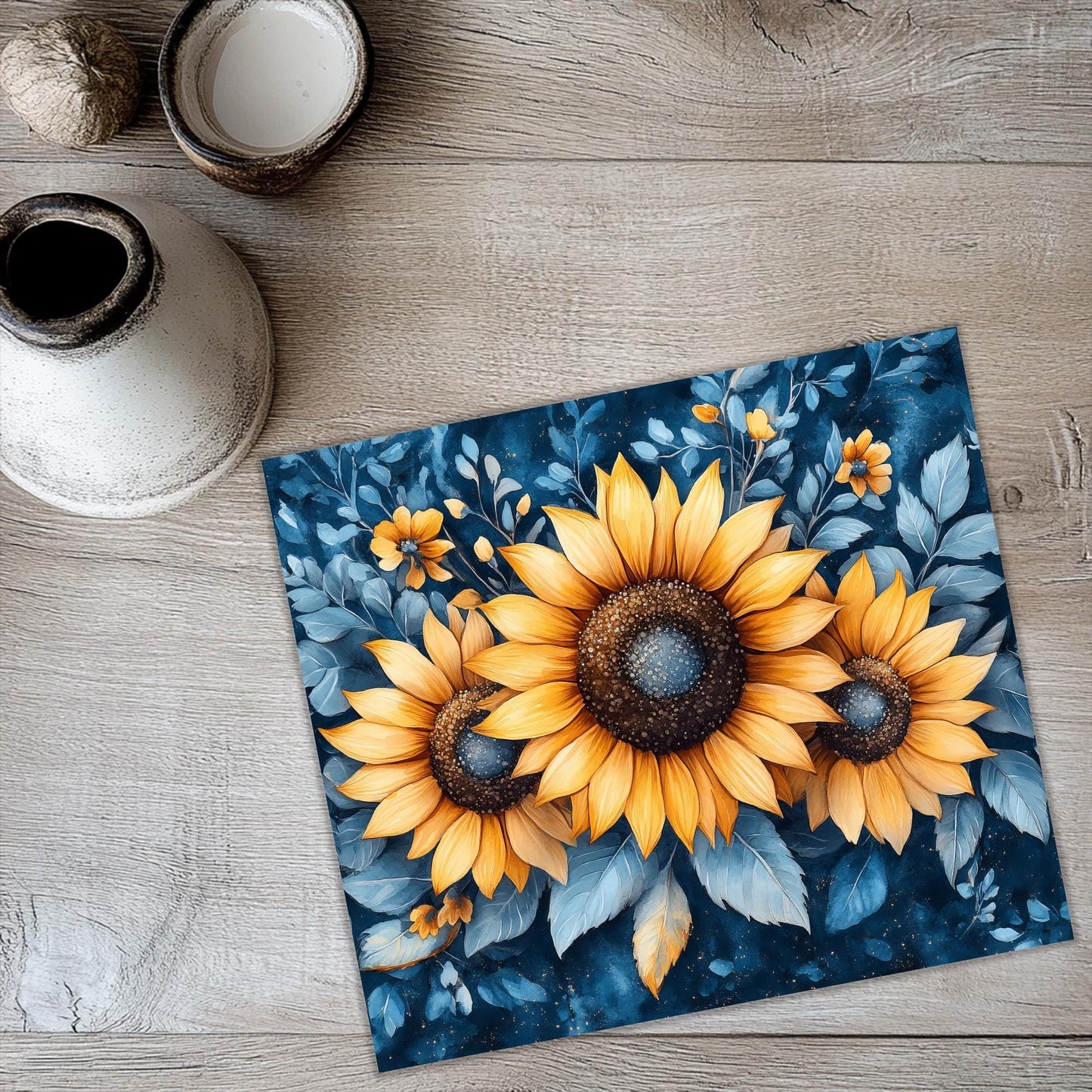 a painting of a sunflower on a blue background