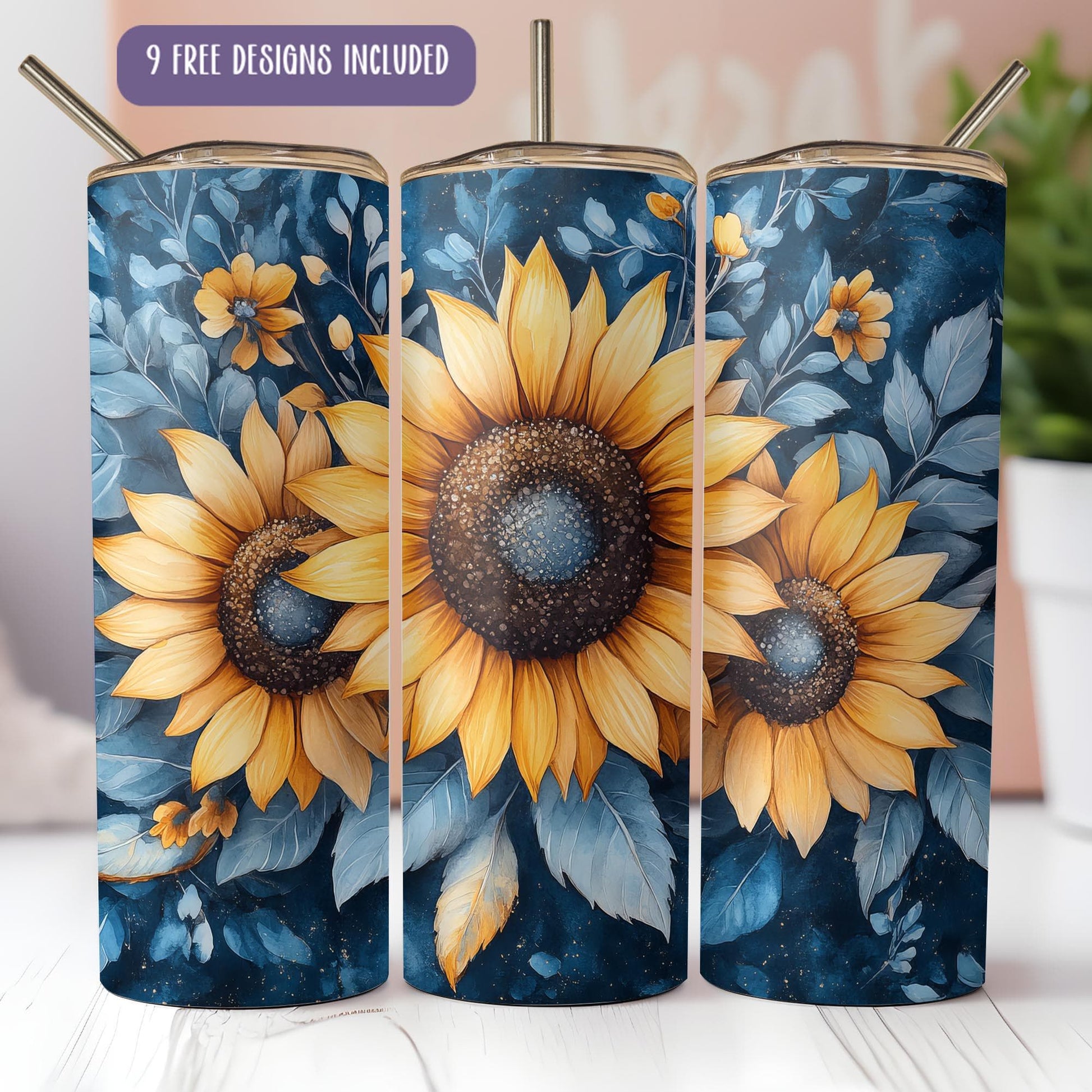 a set of three sunflowers painted on a blue background