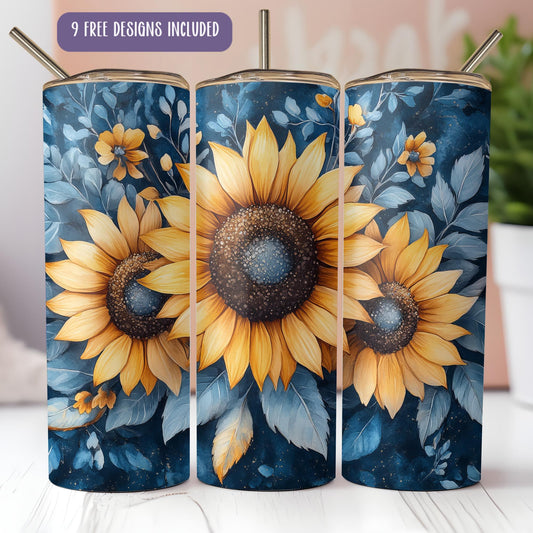 a set of three sunflowers painted on a blue background